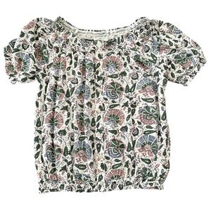 Lucky Brand Women's Medium Floral Paisley Smocked Hem Blouse Tee Green Pink NWT